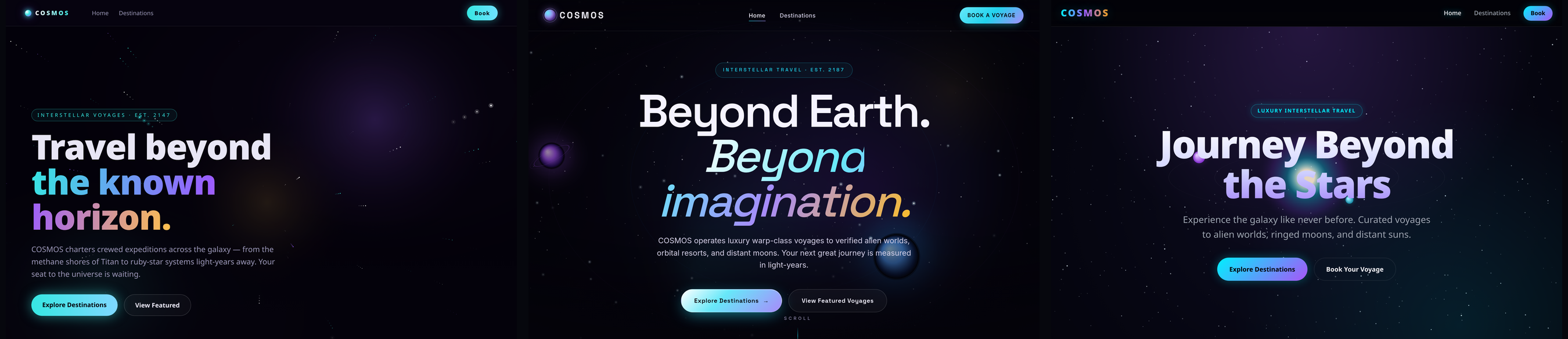 The three space-travel home pages, side by side: GLM-5.2, MiniMax-M3 and Kimi 2.7