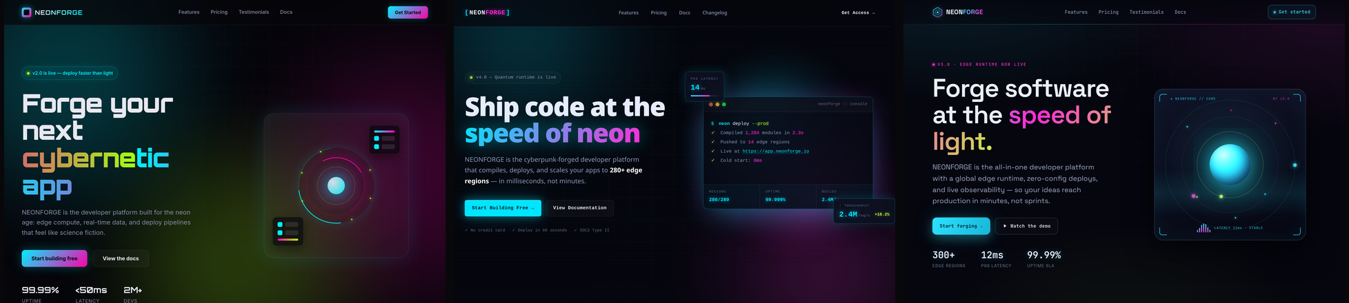 The three cyberpunk landing pages, side by side: Kimi 2.7, MiniMax-M3 and GLM-5.2