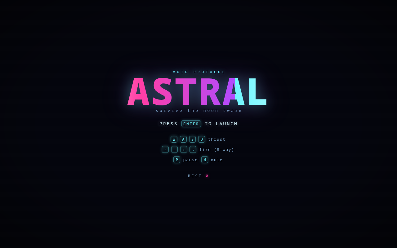 GLM-5.2's game: ASTRAL // Void Protocol main menu, gradient title and control legend